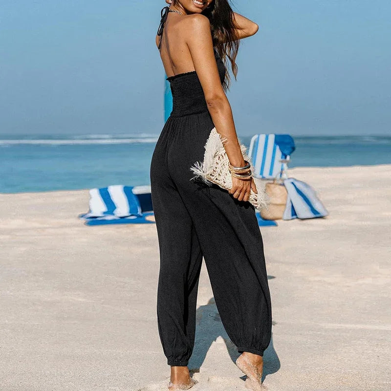 Women’s Sexy Deep V-Neck Jumpsuit – 2025 Spring/Summer Lace-Up Backless Romper with Pockets
