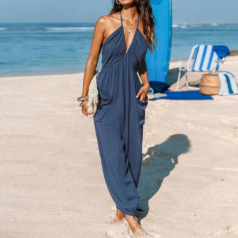 Women’s Sexy Deep V-Neck Jumpsuit – 2025 Spring/Summer Lace-Up Backless Romper with Pockets