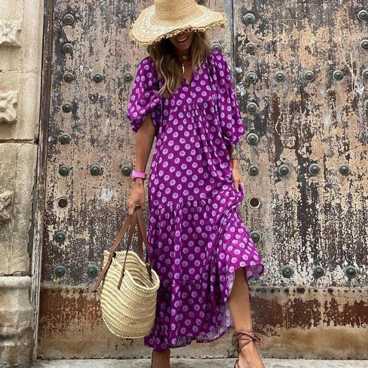 Women's Elegant Puff Sleeve Floral Boho Maxi Dress