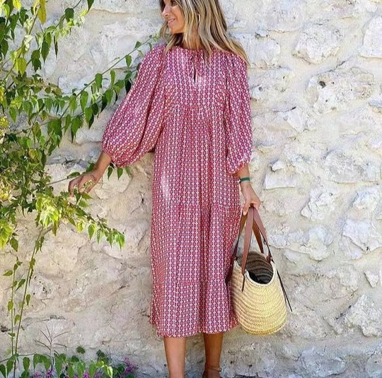 Women's Elegant Puff Sleeve Floral Boho Maxi Dress