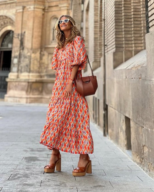 Women's Elegant Puff Sleeve Floral Boho Maxi Dress