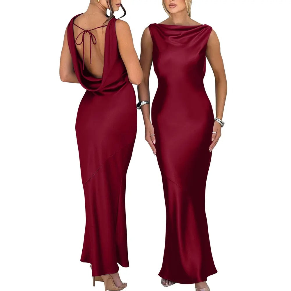 OYS Women's Satin Elegant Sleeveless High Neck Tie
