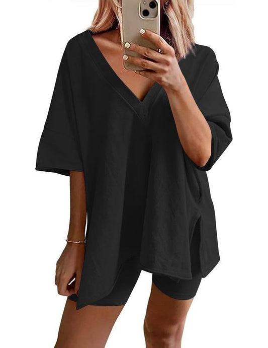 2-Piece Women’s Casual V-Neck Tracksuit – Short Sleeve T-Shirt & High-Waist Shorts Set
