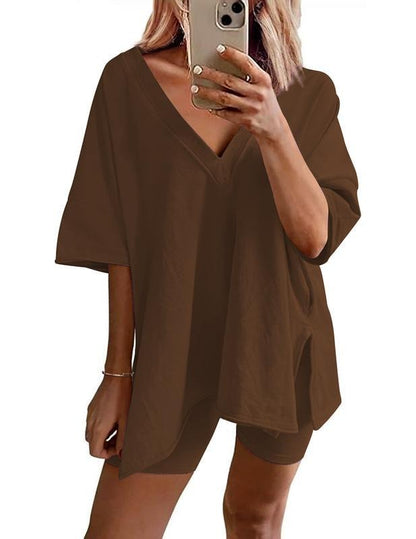 2-Piece Women’s Casual V-Neck Tracksuit – Short Sleeve T-Shirt & High-Waist Shorts Set