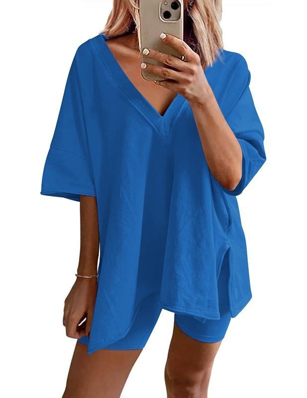 2-Piece Women’s Casual V-Neck Tracksuit – Short Sleeve T-Shirt & High-Waist Shorts Set
