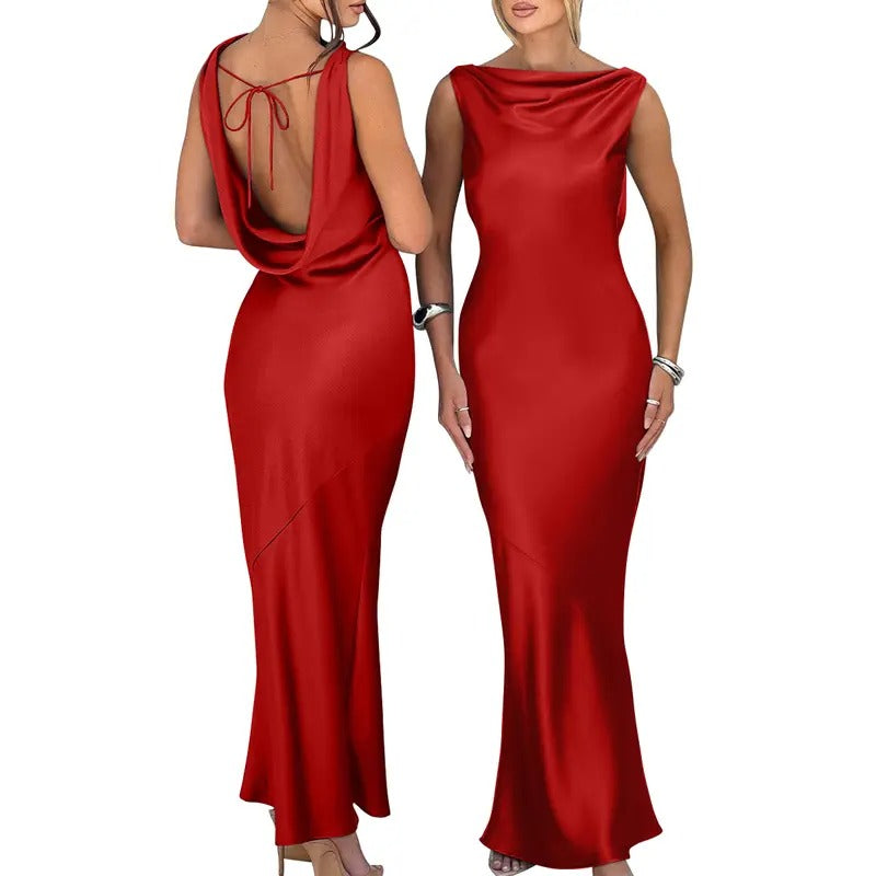 OYS Women's Satin Elegant Sleeveless High Neck Tie