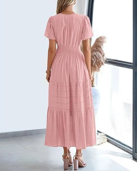 Elegant Lace Maxi Dress – Ethereal V‑Neck with Floral Embroidery