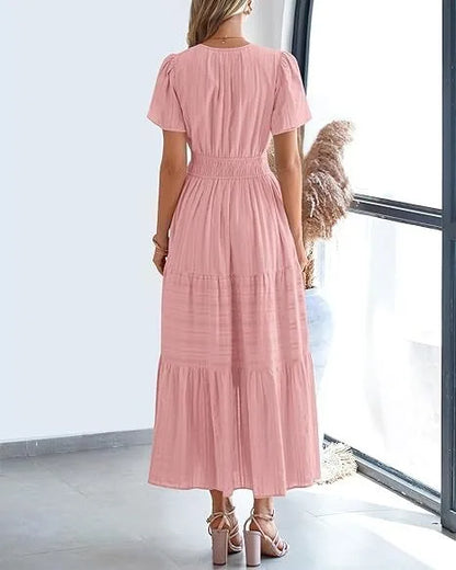 Elegant Lace Maxi Dress – Ethereal V‑Neck with Floral Embroidery