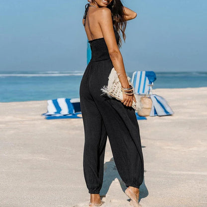 Women’s Sexy Deep V-Neck Jumpsuit – 2025 Spring/Summer Lace-Up Backless Romper with Pockets