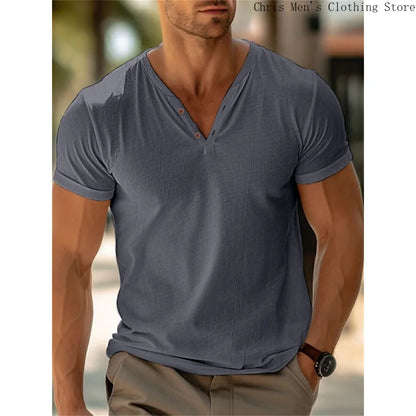 Men’s Summer V-Neck T-Shirt – Casual Beach Pullover, Soft Solid Color Fitness Top