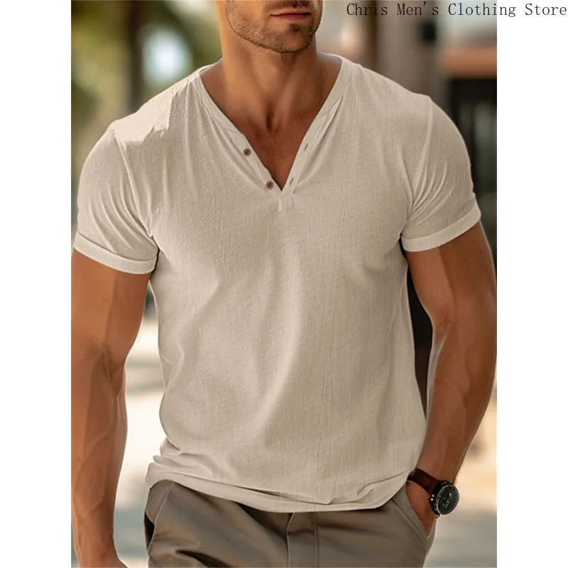 Men’s Summer V-Neck T-Shirt – Casual Beach Pullover, Soft Solid Color Fitness Top