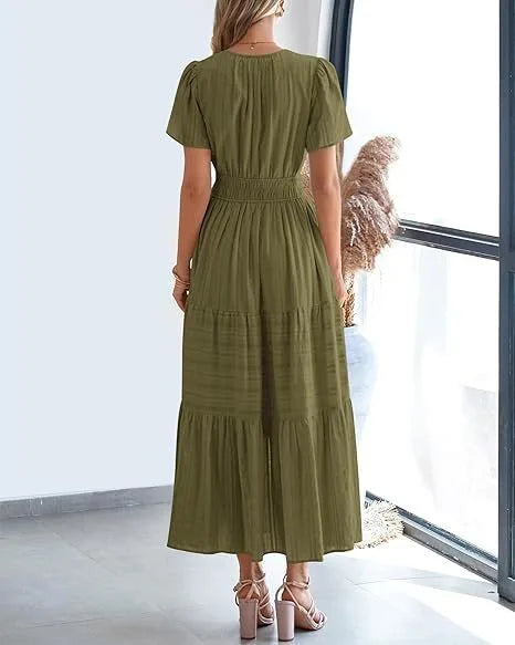 Elegant Lace Maxi Dress – Ethereal V‑Neck with Floral Embroidery