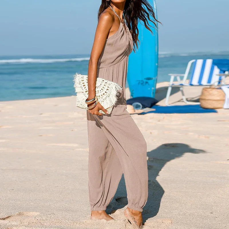 Women’s Sexy Deep V-Neck Jumpsuit – 2025 Spring/Summer Lace-Up Backless Romper with Pockets
