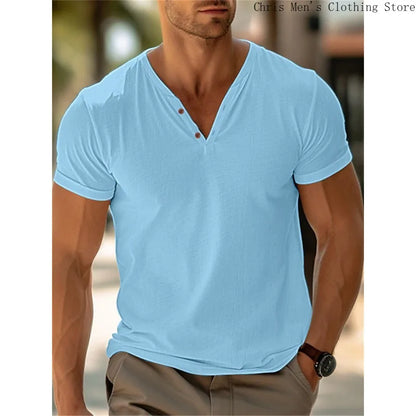 Men’s Summer V-Neck T-Shirt – Casual Beach Pullover, Soft Solid Color Fitness Top