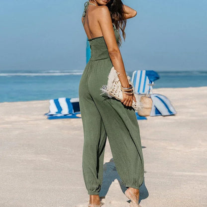 Women’s Sexy Deep V-Neck Jumpsuit – 2025 Spring/Summer Lace-Up Backless Romper with Pockets