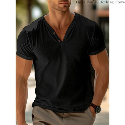 Men’s Summer V-Neck T-Shirt – Casual Beach Pullover, Soft Solid Color Fitness Top