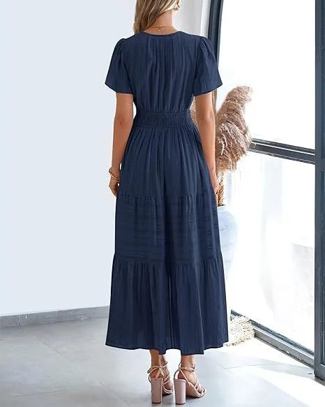 Elegant Lace Maxi Dress – Ethereal V‑Neck with Floral Embroidery