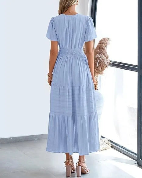 Elegant Lace Maxi Dress – Ethereal V‑Neck with Floral Embroidery