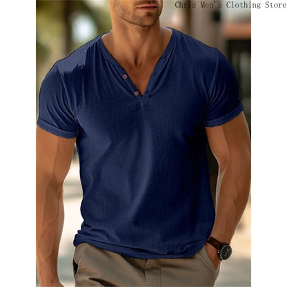 Men’s Summer V-Neck T-Shirt – Casual Beach Pullover, Soft Solid Color Fitness Top