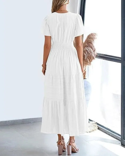 Elegant Lace Maxi Dress – Ethereal V‑Neck with Floral Embroidery