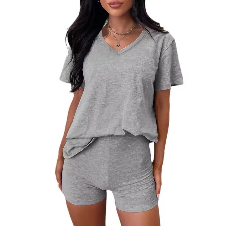 2-Piece Women’s Casual V-Neck Tracksuit – Short Sleeve T-Shirt & High-Waist Shorts Set