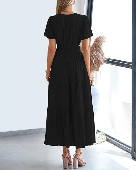 Elegant Lace Maxi Dress – Ethereal V‑Neck with Floral Embroidery