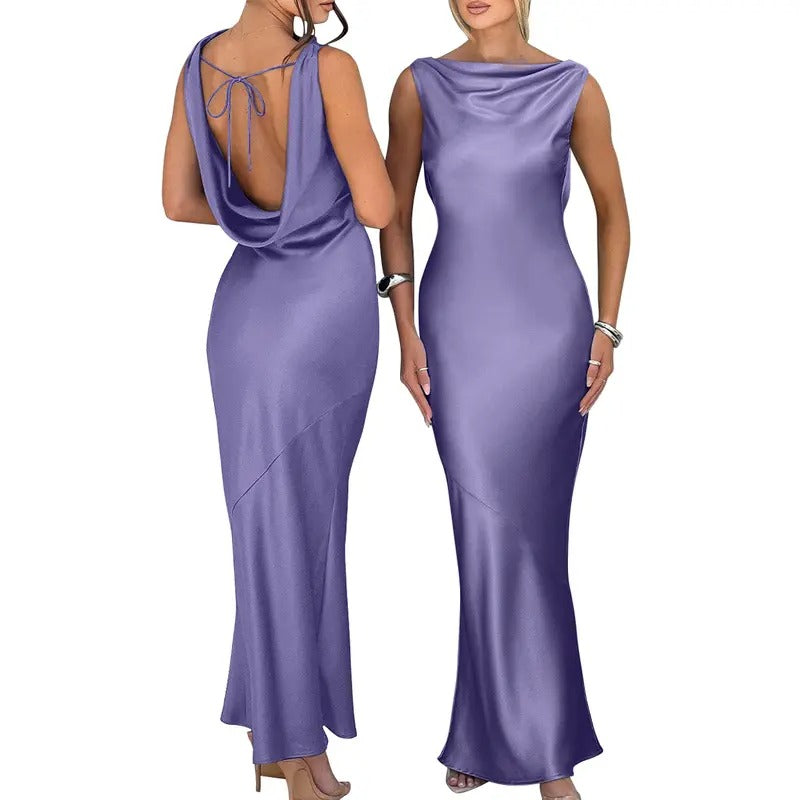 OYS Women's Satin Elegant Sleeveless High Neck Tie