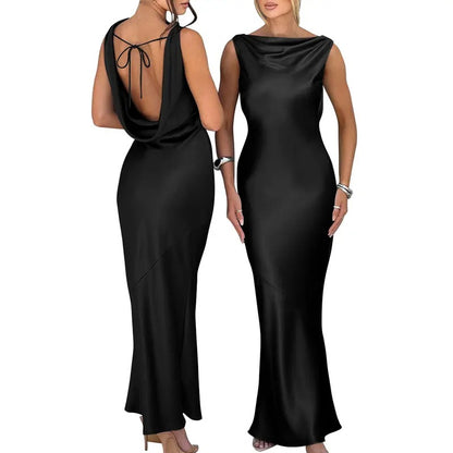 OYS Women's Satin Elegant Sleeveless High Neck Tie