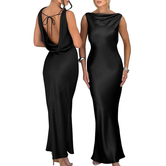 OYS Women's Satin Elegant Sleeveless High Neck Tie