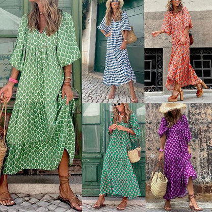 Women's Elegant Puff Sleeve Floral Boho Maxi Dress
