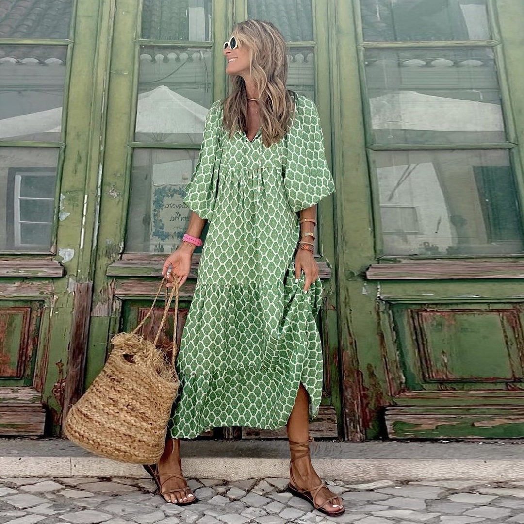 Women's Elegant Puff Sleeve Floral Boho Maxi Dress
